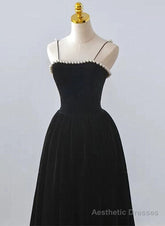 Black Velvet Straps Tea Length Party Dress, Black Velvet Homecoming Dress